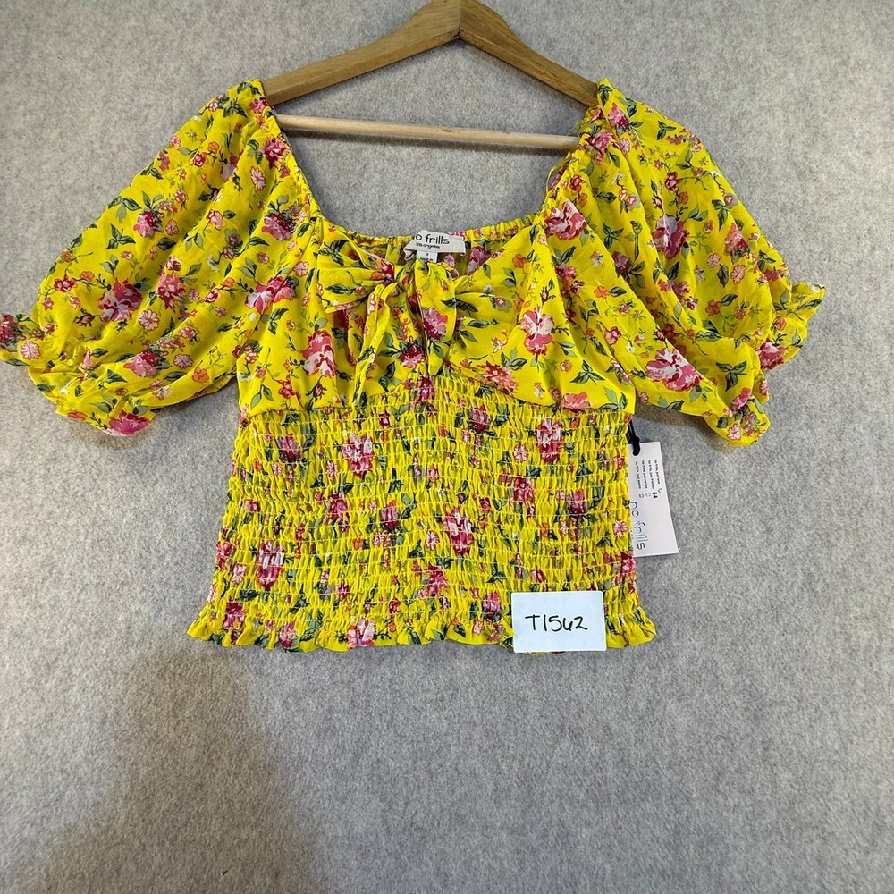 NWT No Frills Los Angeles Yellow Floral Smocked Puff Sleeve Crop Top Small